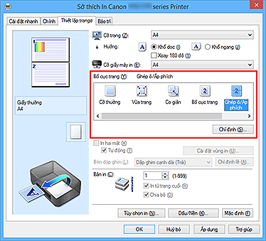 hình: Chọn Ghép ô/Áp phích cho Bố cục trang trên tab Thiết lập trang