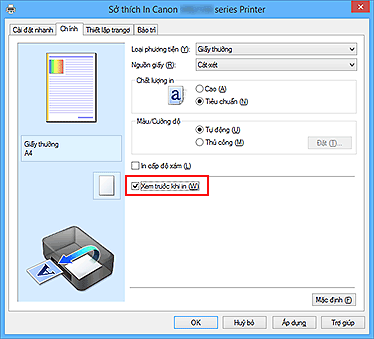 hình: Hộp kiểm Xem trước khi in trên tab Chính