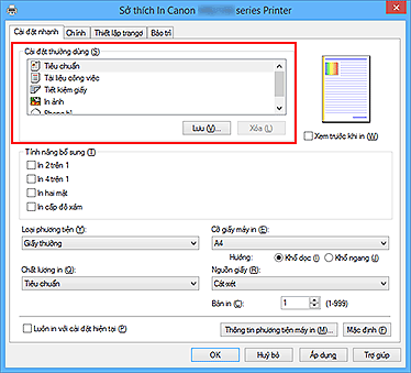 hình: Cài đặt thường dùng trên tab Cài đặt nhanh