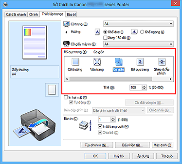 hình: Chọn Co giãn cho Bố cục trang trên tab Thiết lập trang