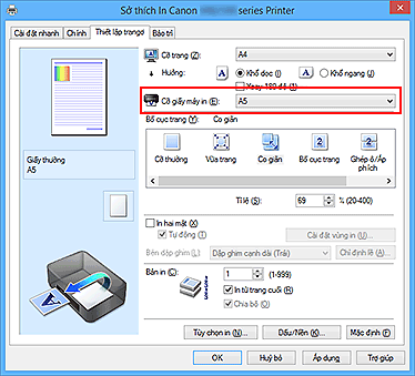 hình: Cỡ giấy máy in trên tab Thiết lập trang