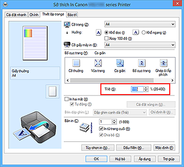hình: Tỉ lệ trên tab Thiết lập trang