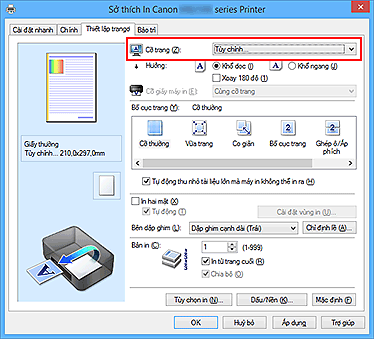 hình: Chọn Tùy chỉnh cho Cỡ trang trên tab Thiết lập trang