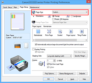 фигура: Избиране на Custom за „Page Size” в раздела „Page Setup”