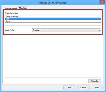 figure:Select ICM for Color Correction in the Manual Color Adjustment dialog box