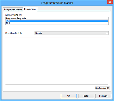 gambar: Pilih ICM untuk Koreksi Warna dalam kotak dialog Pengaturan Warna Manual
