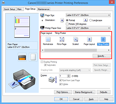 figura:Selectaţi Tiling/Poster pentru Page Layout din fila Page Setup