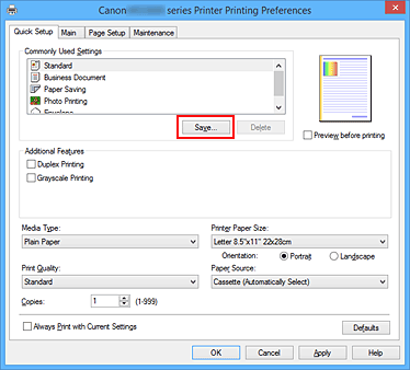 slika: možnost Save... na kartici Quick Setup
