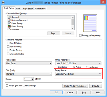 obrázek: nastavení Zdroj papíru na kartě Rychlé nastavení