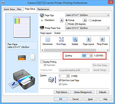 figure:Scaling on the Page Setup tab