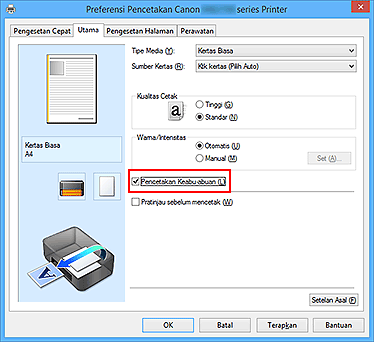 gambar: Kotak centang Pencetakan Keabu-abuan pada tab Utama