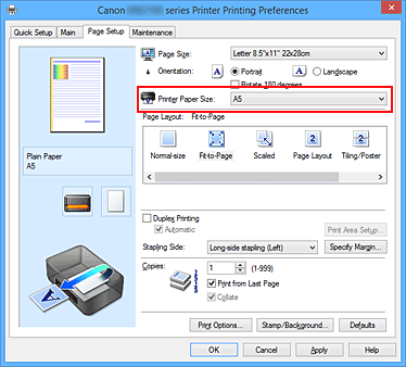 afbeelding: Papierformaat printer op het tabblad Pagina-instelling