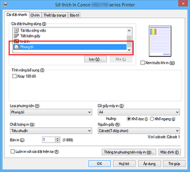 hình: Chọn Phong bì từ Cài đặt thường dùng trên tab Cài đặt nhanh