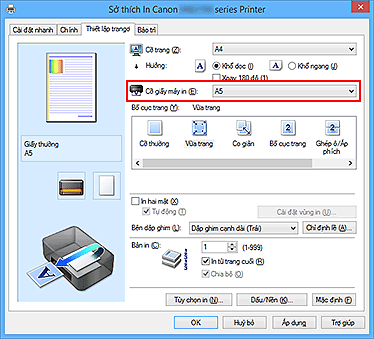 hình: Cỡ giấy máy in trên tab Thiết lập trang