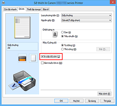 hình: Hộp kiểm In cấp độ xám trên tab Chính