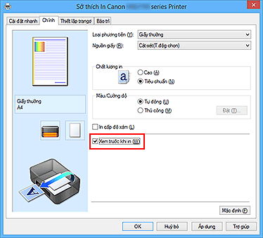 hình: Hộp kiểm Xem trước khi in trên tab Chính