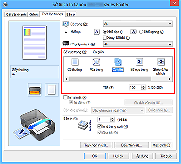 hình: Chọn Co giãn cho Bố cục trang trên tab Thiết lập trang