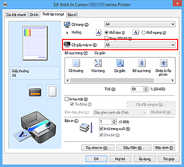 hình: Cỡ giấy máy in trên tab Thiết lập trang