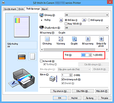 hình: Tỉ lệ trên tab Thiết lập trang