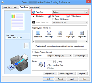 фигура: Избиране на Custom за „Page Size” в раздела „Page Setup”