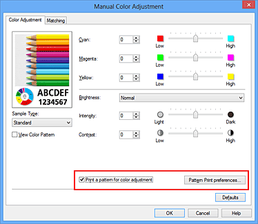 obrázek: Na kartě Nastavení barev zaškrtněte políčko Vytisknout vzorek pro nastavení barev