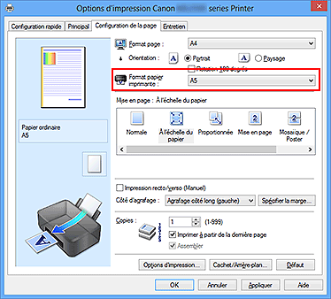 figure : Format papier imprimante dans l'onglet Configuration de la page
