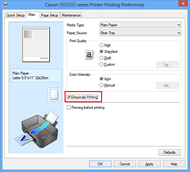 slika: potrditveno polje Grayscale Printing na kartici Main