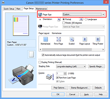 figure:Select Custom for Page Size on the Page Setup tab