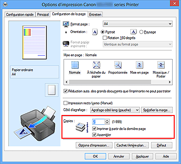 figure : Copies dans l'onglet Configuration de la page