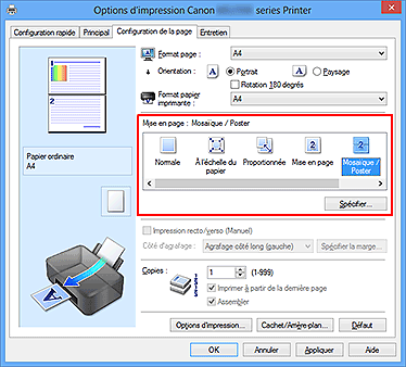 figure : Sélectionnez Mosaïque/Poster comme Mise en page dans l'onglet Configuration de la page.