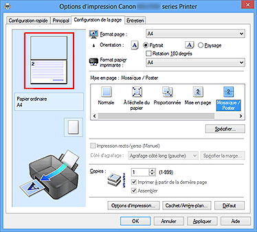 figure : Affichage de l'aperçu des paramètres dans l'onglet Configuration de la page