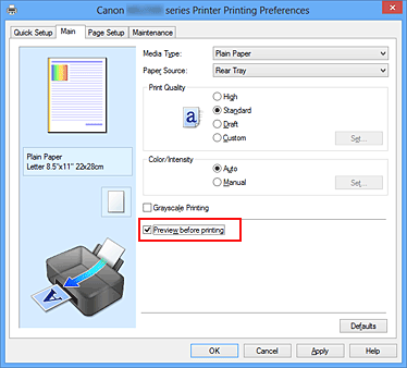 figure:Preview before printing check box on the Main tab