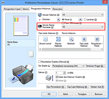gambar: Ukuran Kertas Pencetak pada tab Pengesetan Halaman