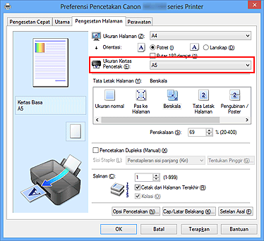 gambar: Ukuran Kertas Pencetak pada tab Pengesetan Halaman