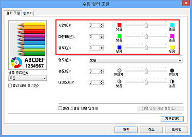 그림: [수동 컬러 조절] 대화 상자의 [컬러 균형]