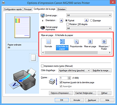 figure : Sélectionnez À l'échelle du papier comme Mise en page dans l'onglet Configuration de la page.