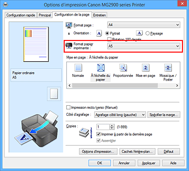 figure : Format papier imprimante dans l'onglet Configuration de la page