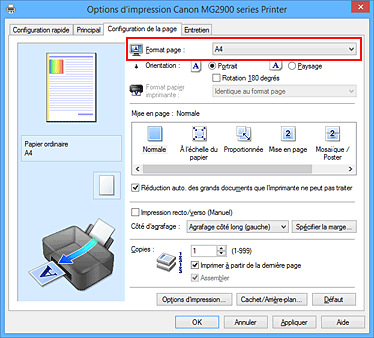 figure : Format page dans l'onglet Configuration de la page