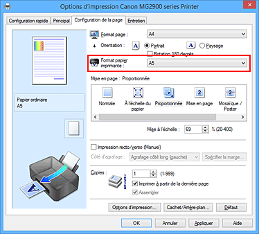 figure : Format papier imprimante dans l'onglet Configuration de la page