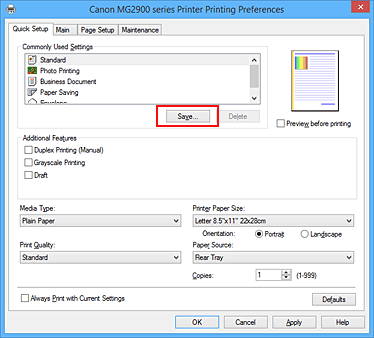 attēls: opcija Saglabāt... cilnē Ātra iestatīšana