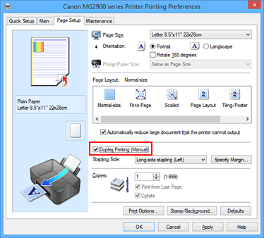 figura:Caseta de selectare Duplex Printing (Manual) din fila Page Setup