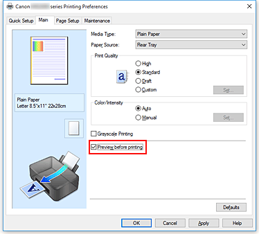 фигура: Квадратче за отметка &bdquo;Preview before printing&rdquo; в раздела &bdquo;Main&rdquo;