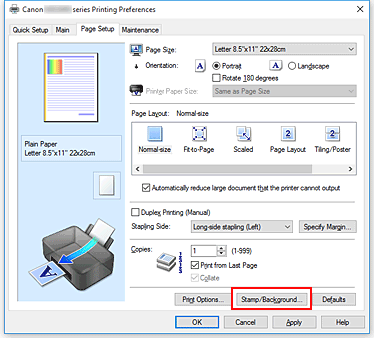 figure:Stamp/Background... on the Page Setup tab