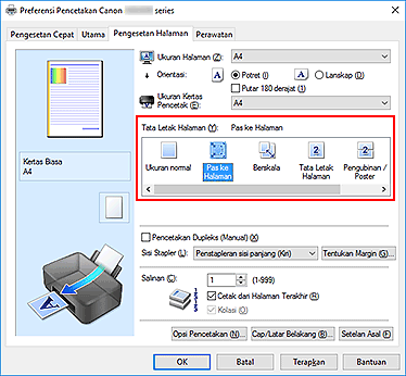 gambar: Pilih Pas ke Halaman untuk Tata Letak Halaman pada tab Pengesetan Halaman