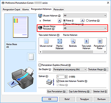 gambar: Ukuran Kertas Pencetak pada tab Pengesetan Halaman