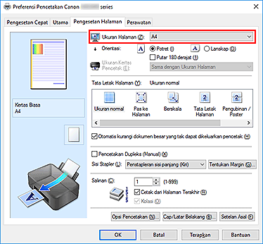 gambar: Ukuran Halaman pada tab Pengesetan Halaman