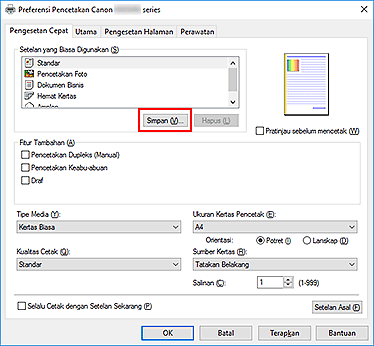 gambar: Simpan... pada tab Pengesetan Cepat