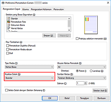 gambar: Kualitas Cetak pada tab Pengesetan Cepat