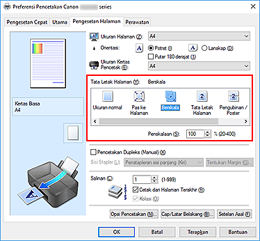 gambar: Pilih Berskala untuk Tata Letak Halaman pada tab Pengesetan Halaman