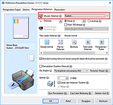 gambar: Pilih Kustom untuk Ukuran Halaman pada tab Pengesetan Halaman